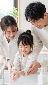 両親が子どもの手洗いを見守る家庭の衛生習慣