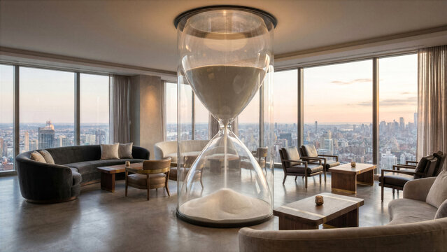 Luxury penthouse with structural column as giant transparent glass hourglass with white sand