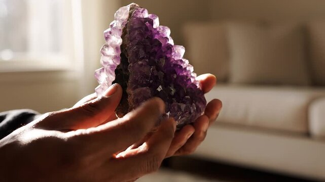 Person Holding A Raw Amethyst Crystal Cluster In Natural Sunlight
