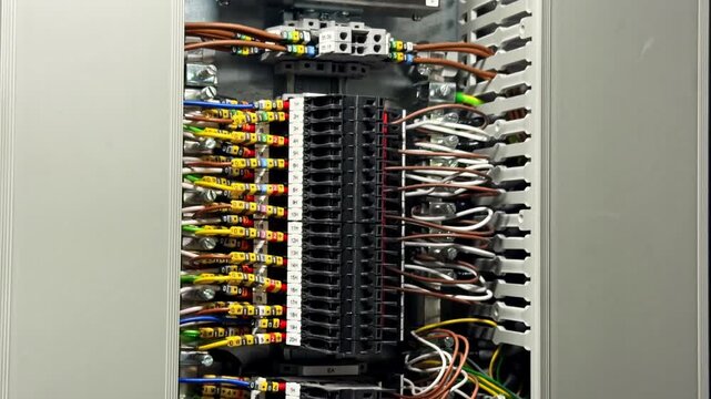 View of an industrial electrical control panel featuring organized wiring, terminal blocks, and an SMC controller unit in France.