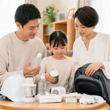家族で防災バッグと非常用品を確認する家庭の備え