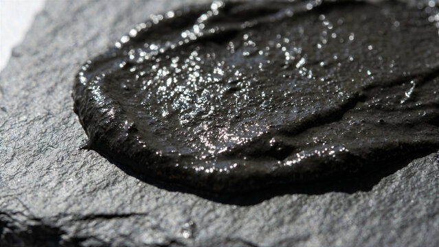 Close up of thick smooth layer of dark volcanic mud paste on grey slate display reflection