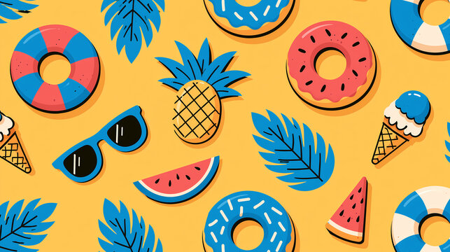 Colorful summer pattern featuring tropical leaves pineapples watermelon slices ice cream cones sunglasses and swimming rings on a bright yellow background