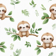 Fototapeta premium Cute seamless pattern with cartoon sloths hanging on branches and green leaves