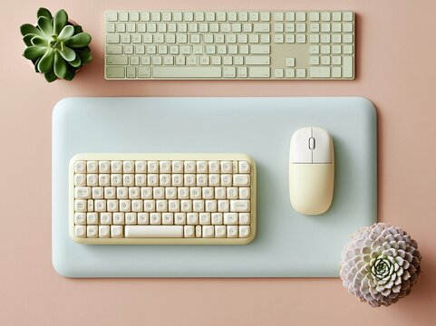 Pastel keyboard and mouse on a pale sage green desk mat, a clean and organized flat lay for modern workspace branding and office lifestyle