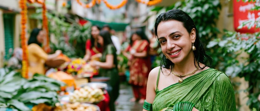 South Asian woman in a green saree smiling during Hariyali Teej festivities on a damp outdoor terrace for cultural storytelling and lifestyle content