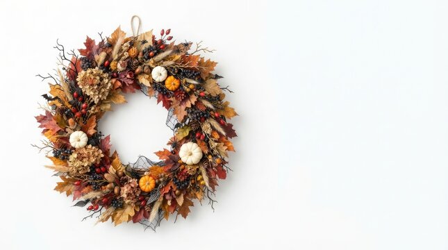 Rustic Fall Wreath with Pumpkins Dried Grass and Berries on White Background with Copy Space