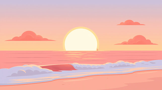 A peaceful landscape illustration shows a bright sun setting over the calm ocean waves at the beach during a beautiful summer evening with soft pink clouds