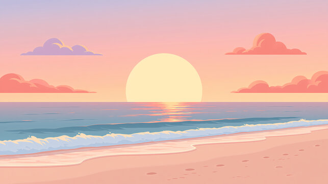 A beautiful sunset over the calm ocean waves at the beach with a clear sky and soft clouds in a flat vector illustration style