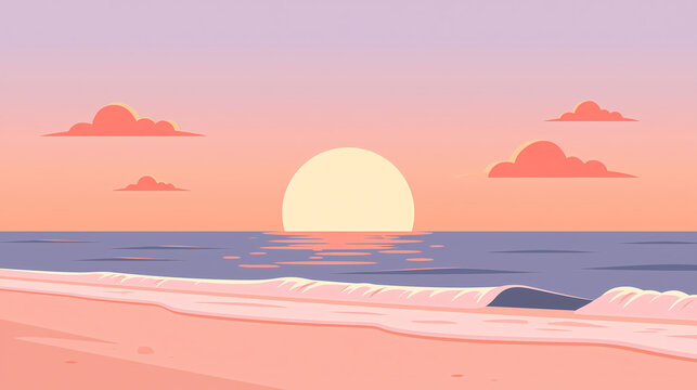 A beautiful flat vector illustration showing a calm ocean beach with soft waves during a peaceful sunset under a pastel sky with small clouds