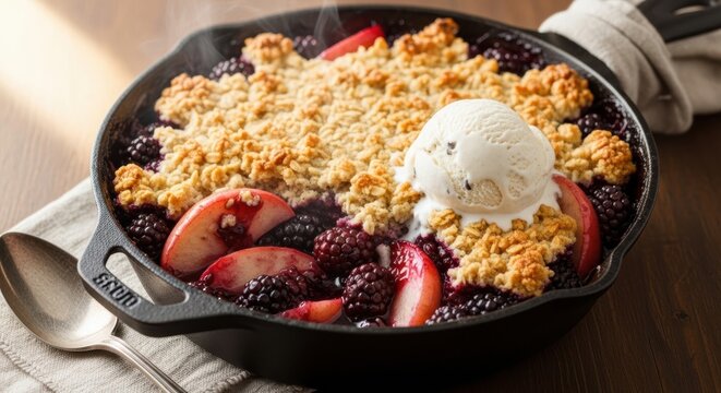 A blackberry and apple crumble in a cast-iron skillet, with the fruit bubbling up around the edges.