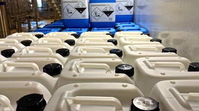 View of rows of white plastic jerrycans with black caps and blue industrial containers with hazard labels in a storage facility, France.