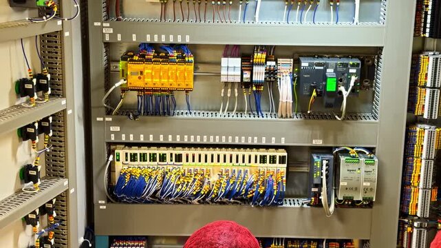 View of an industrial electrical control panel with organized wiring, circuit breakers, and programmable logic controllers in France.
