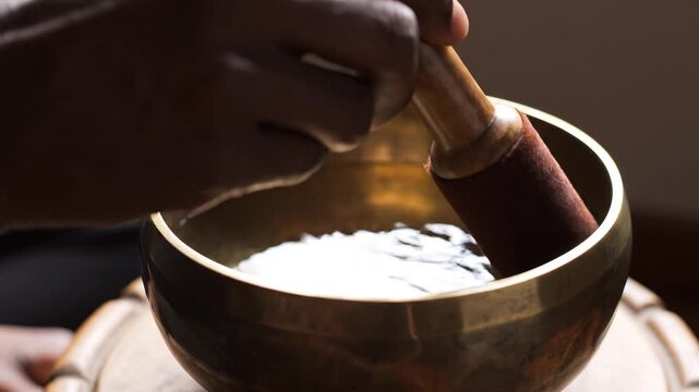 Person playing a singing bowl with water inside for sound therapy