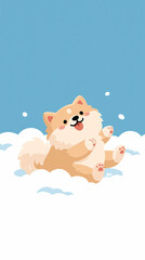 Fototapeta premium A cute fluffy puppy is sitting happily and playing in the soft white snow during a bright winter day in this flat vector illustration