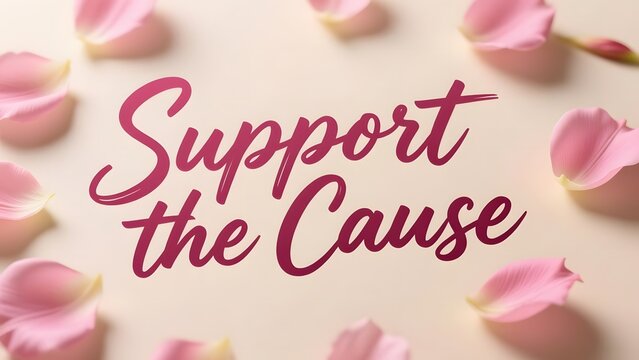 Support the Cause typography on soft background, pink rose petals surrounding inspirational text, breast cancer awareness and charity concept