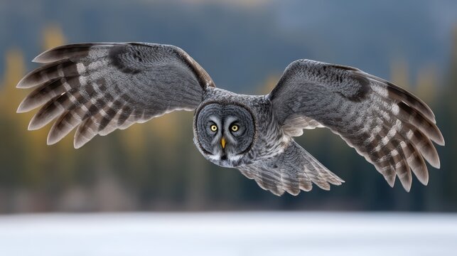 Great Gray Owl in flight with wings fully extended