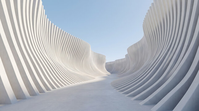 Minimalist architectural canyon with sweeping white parametric columns