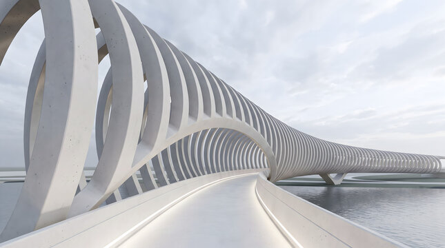 Futuristic organic parametric bridge crossing sea with pedestrian walkway