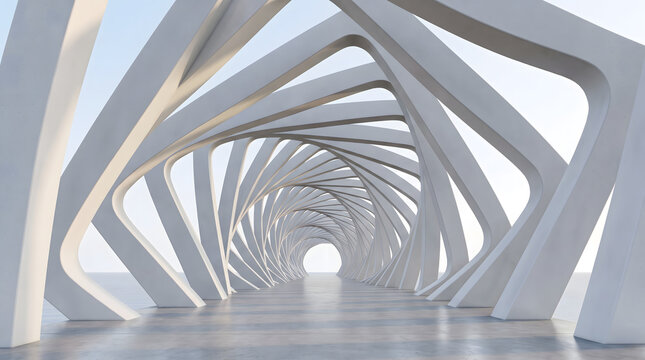 Interior perspective of futuristic organic arch tunnel bridge structure