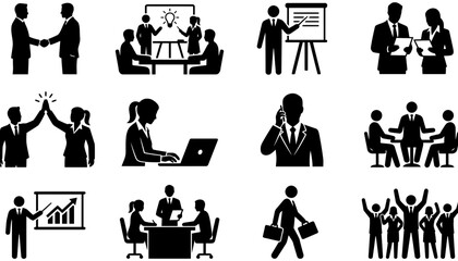 Obraz premium Black and white office people icon set, business meeting vector illustrations, corporate team cooperation pictographs, executive job interview symbols