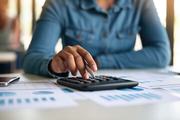 Fototapeta premium Business woman using a calculator for finance analysis of data charts and graphs
