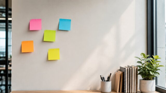 Sticky notes on white wall in modern office space for creative brainstorming and task planning.