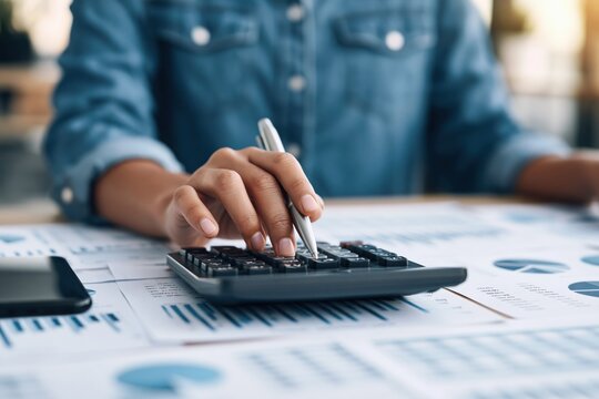 Business professional using a calculator for financial data analysis and planning