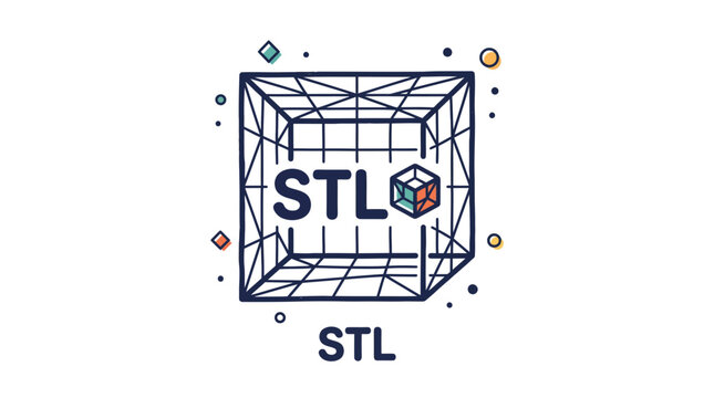 Abstract Cube Wireframe with "STL" Text and Colorful Geometric Shapes