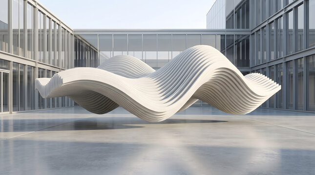 Sleek parametric wave bench structure in modern architectural plaza