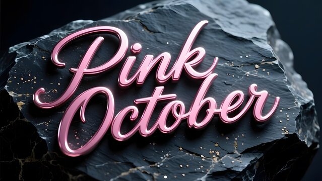 Pink October breast cancer awareness typography on black stone, elegant rose gold script lettering, breast cancer support concept for social media