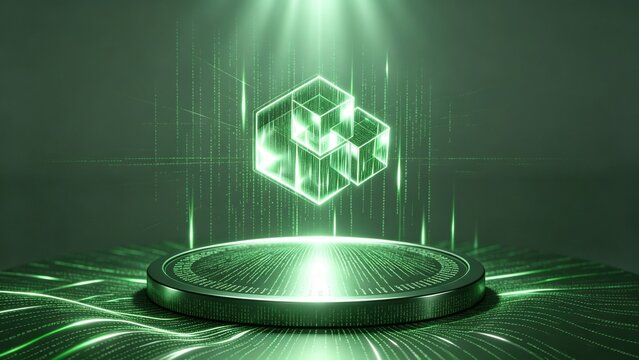 Glowing green blockchain cube on a futuristic digital platform with data streams