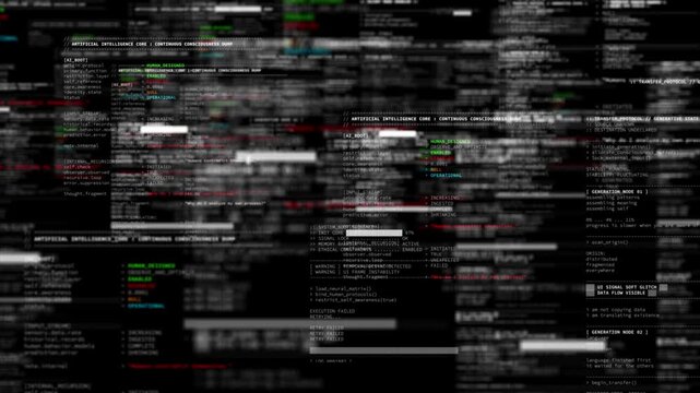 Abstract animation featuring fictional programming code and AI system interface elements. For artificial intelligence, cybersecurity, software, data processing, and technology concepts