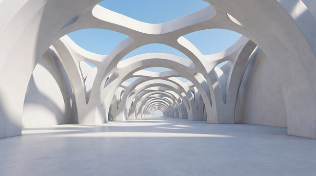 Symmetrical gallery with dynamic white organic vault arches