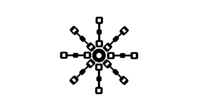 Line icon of a radial node network hub with many branching spokes representing connectivity data distribution and flow between multiple linked points