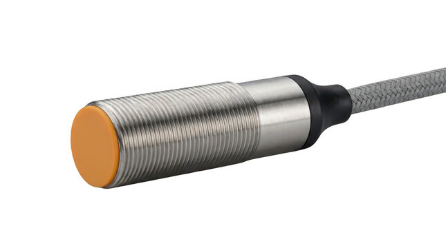 Industrial automation technology featuring an inductive proximity sensor with a threaded metal body and orange cap isolated on a purewhite background transparent background