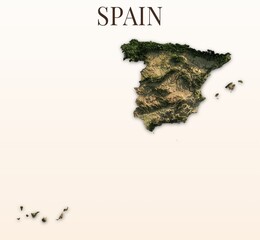 Spain Shaded Relief Map. Hillshaded physical terrain map illustration. Light background with title. Illustration elements derived from NASA Imagery and NASADEM Global Elevation Model. © Eugene Ga