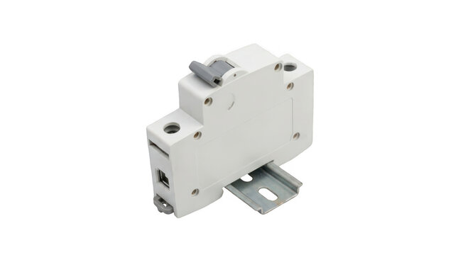 White and gray miniature circuit breaker for electrical safety on a clean isolated background transparent background