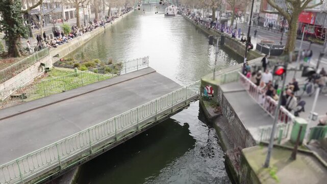 Paris,France - March 07, 2026: Swing bridge, Le Pont tournant de la Grange aux Belles, over Canal Saint-Martin, Paris, France