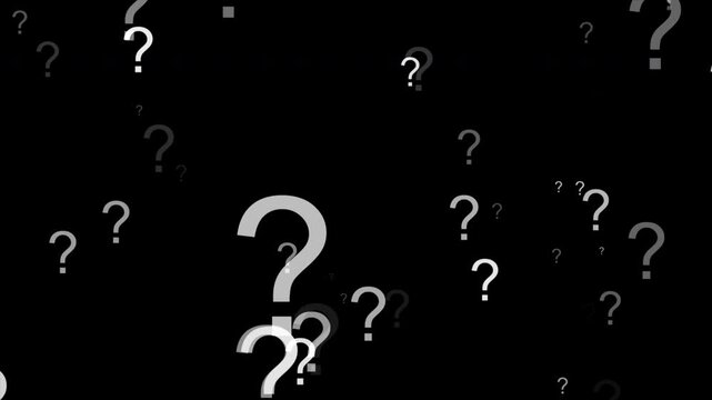 Animation of floating question mark symbols video overlay template on a black background. Suitable for uncertainty, confusion, FAQ, inquiry, quiz, education, mystery, and problem-solving concepts
