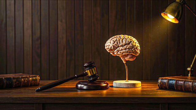 Judge gavel with human brain model representing neuroscience law and forensic justice concept
