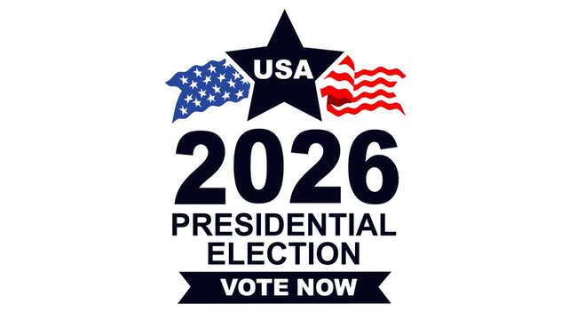 Animated USA 2026 presidential election badge featuring American flag elements, bold Vote Now message, patriotic colors, and clean motion graphics for political campaigns and news content.