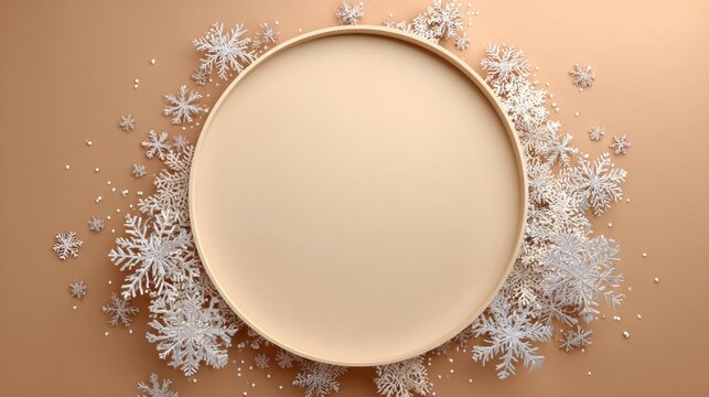 Elegant flat lay of round plate surrounded by delicate snowflakes on a soft beige background for seasonal decor ideas