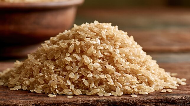 Pile of uncooked brown rice grains rests on a wooden surface.