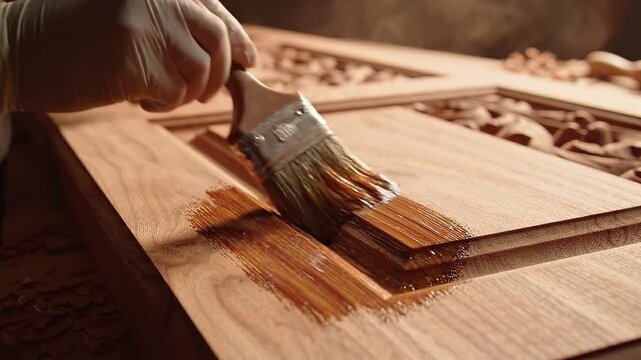 Woodworker applying protective varnish on ornate wooden carving with brush. Professional carpenter staining handcrafted furniture surface in workshop, restoration.