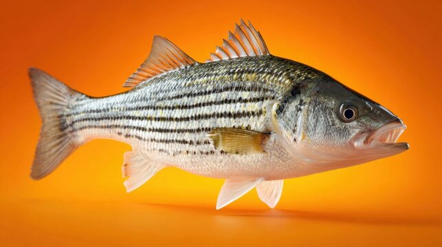 Striped Bass Fish with Distinctive Black Stripes Swimming Against Bright Orange Background