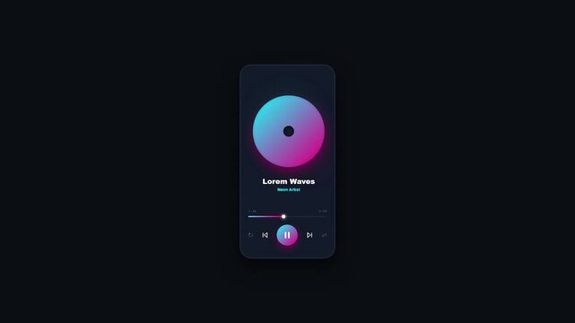 Music Player App UI with Spinning Vinyl Record Neon Dark Mode Futuristic Aesthetic Smartphone Interface Design for Audio Streaming Application and Media Playback
