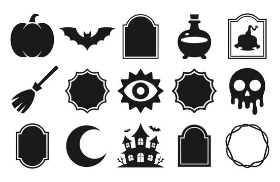 Black and white halloween and witchcraft icons set with symbols like bat, moon, cauldron, and skull