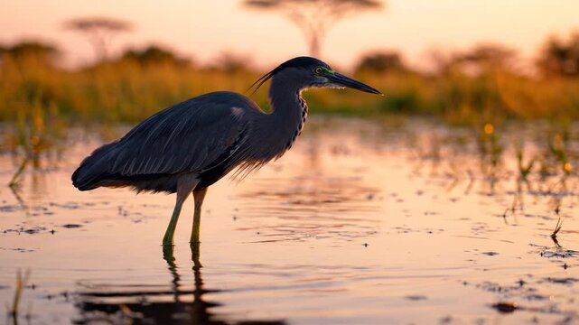 Graceful Gray Heron Standing in Shallow Water During a Peaceful Golden Hour Sunset in the African Savannah Wilderness