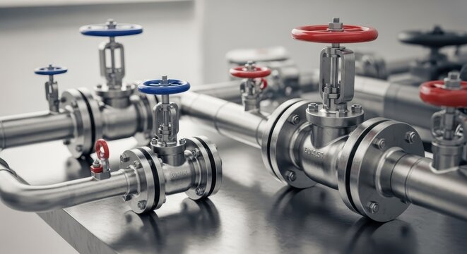 Intricate Industrial Piping System with Red and Blue Valve Controls